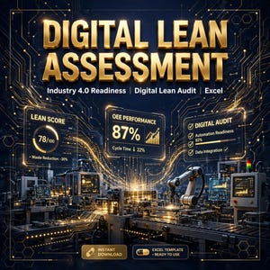 Peut inclure: Un graphique numérique intitulé DIGITAL LEAN ASSESSMENT présentant Industry 4.0 Readiness, Digital Lean Audit et Excel. Il affiche des panneaux de données pour Lean Score 78/100, OEE Performance 87% et Digital Audit sur un sol d'usine.