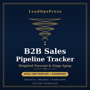 May include: A dark blue digital B2B Sales Pipeline Tracker template with gold text and a funnel graphic. It features the text LeadOpsPress, Weighted Forecast & Stage Aging, EXCEL CRM TEMPLATE + DASHBOARD, Auto win %, RAG status, Overdue alerts, and INSTANT DOWNLOAD.
