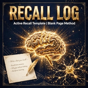 May include: A digital graphic titled RECALL LOG Active Recall Template | Blank Page Method featuring a glowing golden brain and neural network. A parchment paper with the text Write what you recall, Recall from memory, Fill gaps without looking, Reinforce learning and a golden quill pen are displayed.