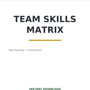 May include: A white document titled TEAM SKILLS MATRIX in dark blue text, featuring a green header with LEADOPSPRESS • PEOPLE LEADERSHIP, a gold horizontal line, the subtitle Gap Heatmap + Training Plan, and the text INSTANT DOWNLOAD at the bottom.