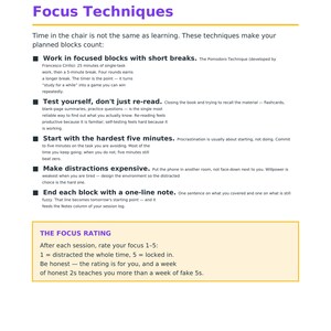 Pu&ograve; includere: Una pagina intitolata Focus Techniques della serie Leadopspress Student Success. Elenca cinque strategie per le sessioni di studio, tra cui il lavoro a blocchi, l'autovalutazione, iniziare con i compiti difficili e prendere appunti.