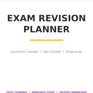 Pode incluir: Um documento branco intitulado EXAM REVISION PLANNER com um cabeçalho roxo escrito LEADOPSPRESS. Inclui um cronograma de estudos em Excel, uma lista de verificação de tópicos e um guia de 6 páginas. O texto inferior diz EXCEL PLANNER, PRINTABLE GUIDE, INSTANT DOWNLOAD.