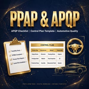 May include: A digital graphic featuring the gold text PPAP & APQP, an APQP Checklist, Control Plan Template, and Automotive Quality. Includes a clipboard with a checklist, a control plan table, a gold steering wheel, and a gold car outline.