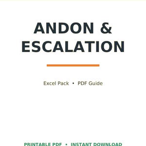 May include: A digital document titled LEADOPSPRESS ANDON & ESCALATION with the subtitle Excel Pack • PDF Guide. The page features a white background, a teal header, a horizontal orange line, and green text at the bottom reading PRINTABLE PDF • INSTANT DOWNLOAD.