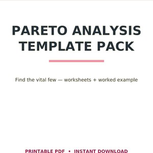 May include: A digital document titled PARETO ANALYSIS TEMPLATE PACK by LEADOPSPRESS. The white page features dark text, a pink horizontal line, and the subtitle Find the vital few — worksheets + worked example. Bottom text reads PRINTABLE PDF • INSTANT DOWNLOAD.
