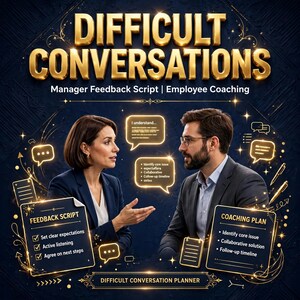 May include: A digital graphic titled DIFFICULT CONVERSATIONS Manager Feedback Script | Employee Coaching featuring two professionals in business attire. Includes text boxes labeled FEEDBACK SCRIPT and COACHING PLAN with bulleted lists and speech bubbles.