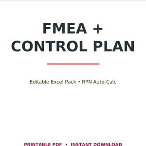Op de afbeelding: Een digitale documentomslag met de titel LEADOPSPRESS FMEA + CONTROL PLAN. De tekst bevat Editable Excel Pack, RPN Auto-Calc, PRINTABLE PDF en INSTANT DOWNLOAD. Het ontwerp toont donkere tekst op een witte achtergrond met een magenta koptekstbalk.
