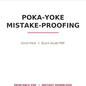 Op de afbeelding: Een digitale documentomslag getiteld LEADOPSPRESS POKA-YOKE MISTAKE-PROOFING met een roze horizontale lijn. De tekst bevat Excel Pack, Quick Guide PDF, PRINTABLE PDF en INSTANT DOWNLOAD in donkergrijs en bordeauxrood op een witte achtergrond.