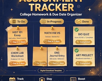 Student Planner Excel | Assignment Tracker | College Homework Organizer | Due Date Template