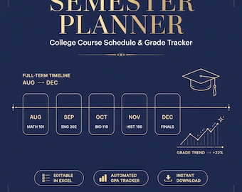 College Planner Excel | Semester Planner Template | Course Schedule | Student Organizer