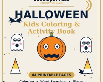 Dibujos para colorear de Halloween para niños / Paquete de actividades imprimibles de 44 páginas, laberinto de búsqueda de palabras, unir puntos, recuerdo de fiesta de truco o trato