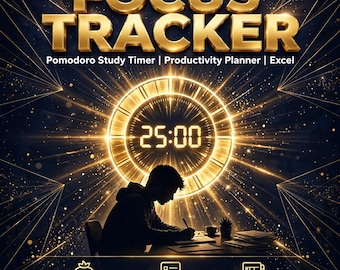 Plantilla de temporizador de estudio / Rastreador de enfoque Pomodoro / Planificador de productividad estudiantil / Excel