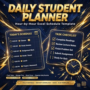 May include: A digital Daily Student Planner Excel schedule template featuring a dark blue background with gold lightning accents. The layout includes a Today's Schedule section, a Task Checklist, and a gold clock icon, with text labels for tasks.