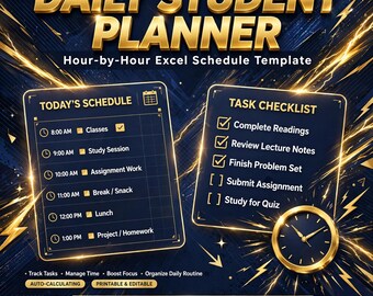 Planificador estudiantil en Excel / Plantilla de horario diario / Planificador universitario hora por hora / Lista de tareas