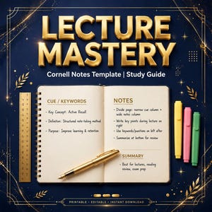 May include: A Cornell notes template study guide titled LECTURE MASTERY with gold text on a dark blue background. An open spiral notebook features sections for CUE/KEYWORDS, NOTES, and SUMMARY, accompanied by a gold fountain pen, a 30 cm ruler, and three highlighters in yellow, pink, and green.