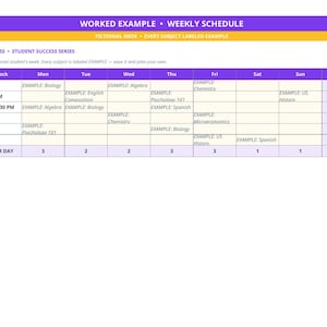 Pu&ograve; includere: Un modello di programma settimanale intitolato WORKED EXAMPLE &bull; WEEKLY SCHEDULE con intestazioni viola e arancioni. La griglia mostra blocchi di tempo dalle 7:00 alle 20:30 su sette giorni, con materie di esempio come Biology, Algebra e Chemistry.