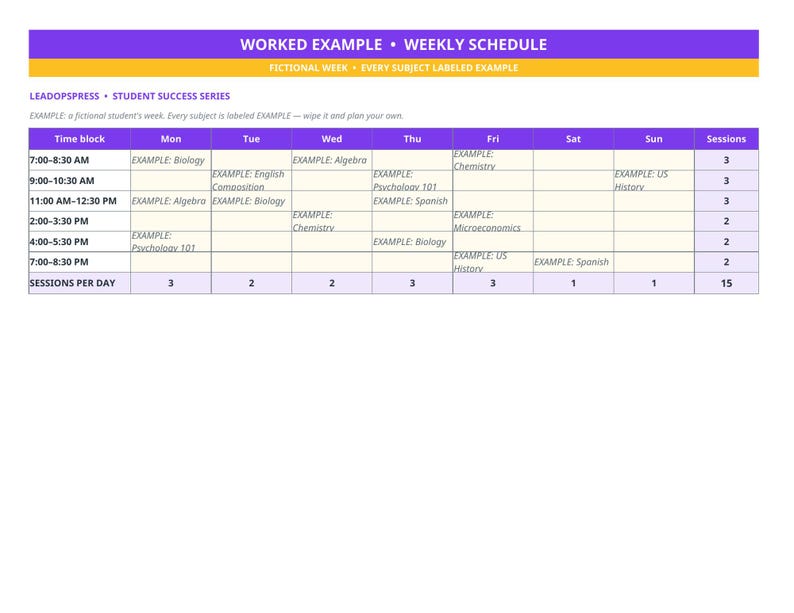 Pu&ograve; includere: Un modello di programma settimanale intitolato WORKED EXAMPLE &bull; WEEKLY SCHEDULE con intestazioni viola e arancioni. La griglia mostra blocchi di tempo dalle 7:00 alle 20:30 su sette giorni, con materie di esempio come Biology, Algebra e Chemistry.