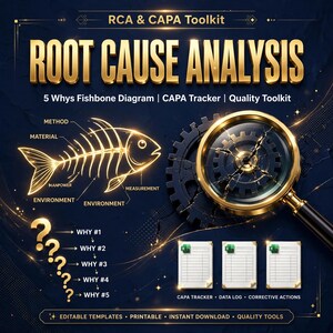 Peut inclure: Un kit d'outils numérique pour l'analyse des causes racines avec du texte doré sur fond bleu foncé. Il comprend un diagramme en arête de poisson lumineux, une loupe sur un engrenage, cinq points d'interrogation et trois icônes de tableur.