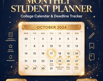 Planificador universitario en Excel / Plantilla de calendario mensual / Seguimiento de fechas límite para estudiantes / Calendario de exámenes