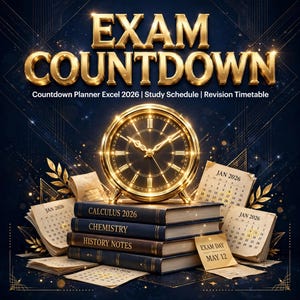 Puede incluir: Un planificador de cuenta regresiva para exámenes en Excel 2026 con un reloj dorado sobre una pila de libros titulados Calculus 2026, Chemistry y History Notes. La imagen incluye calendarios de enero de 2026 y una nota Exam Day May 12.