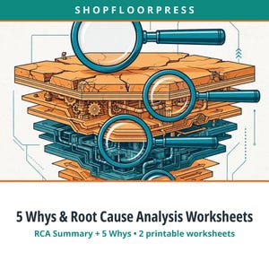May include: A digital illustration featuring the text SHOPFLOORPRESS at the top and 5 Whys & Root Cause Analysis Worksheets RCA Summary + 5 Whys • 2 printable worksheets at the bottom. The centre shows stacked layers with gears and pipes under magnifying glasses.