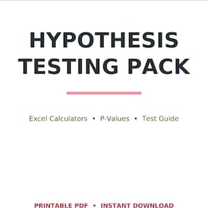 Puede incluir: Una cubierta de documento blanca con un encabezado magenta oscuro que presenta el texto LEADOPSPRESS. El título HYPOTHESIS TESTING PACK está en gris oscuro, seguido de una línea horizontal rosa, el texto Excel Calculators, P-Values, Test Guide y pie de página.
