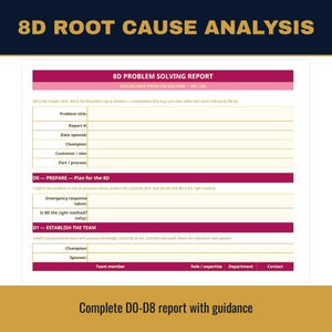 May include: An 8D Root Cause Analysis problem solving report template with a dark blue header and magenta sections. The form includes fields for problem title, report number, date, champion, customer, and process steps from D0 to D1.
