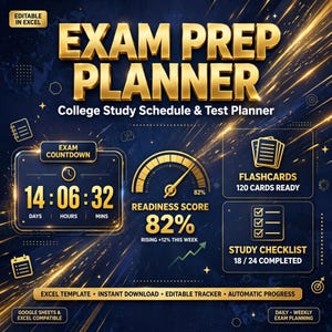 Op de afbeelding: Een digitaal sjabloon voor een examenvoorbereidingsplanner met gouden tekst op een donkerblauwe achtergrond. Bevat een afteltimer, een gereedheidsscoremeter op 82%, een flashcard-tracker voor 120 kaarten en een studie-checklist.