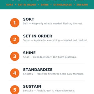 May include: A 5S Workplace wall poster with a teal header and orange accents. It lists the five steps: Sort, Set in Order, Shine, Standardise, and Sustain, each with its Japanese term and a brief explanation of the methodology for workplace organisation.