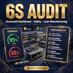 Könnte beinhalten: Eine 6S-Audit-Dashboard-Grafik mit goldenem Text auf dunklem Hintergrund. Sie zeigt eine Scorecard mit 95% Pass- und 88% Action-Raten, einen Score von 92/100 sowie eine Checkliste mit den Punkten Sortieren, Ordnen, Säubern, Standardisieren, Erhalten und Sicherheit.