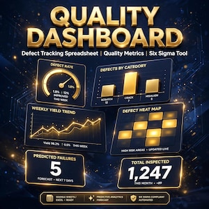 May include: A digital quality dashboard spreadsheet tool featuring gold text and graphics on a dark blue background. It displays a defect rate gauge, a bar chart for defects by category, a weekly yield trend line graph, a defect heat map, and metrics for predicted failures and total inspections.