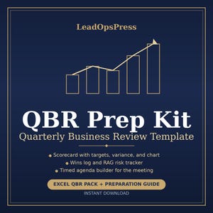 Könnte beinhalten: Eine dunkelblaue digitale Vorlage mit dem Titel LeadOpsPress QBR Prep Kit Quarterly Business Review Template. Sie enthält ein goldenes Liniendiagramm, eine Scorecard mit Zielen, Abweichungen und Diagrammen, ein Erfolgsprotokoll und einen RAG-Risiko-Tracker.