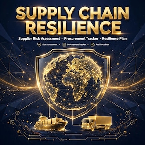 May include: A digital graphic titled SUPPLY CHAIN RESILIENCE featuring a glowing gold globe inside a shield, with icons for Supplier Risk Assessment, Procurement Tracker, and Resilience Plan, plus a cargo ship and a semi-truck at the bottom.