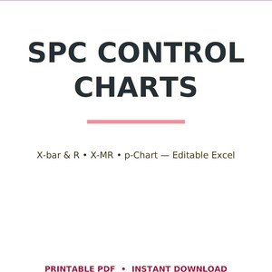 Peut inclure: Une couverture de document numérique intitulée LEADOPSPRESS SPC CONTROL CHARTS en texte sombre sur fond blanc. Elle liste les types X-bar & R, X-MR et p-Chart, précisant qu'il s'agit d'un fichier Excel modifiable, PDF imprimable et téléchargement immédiat.