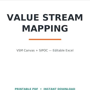 Op de afbeelding: Een digitaal document getiteld LEADOPSPRESS VALUE STREAM MAPPING met een horizontale oranje lijn. De tekst VSM Canvas + SIPOC — Editable Excel verschijnt eronder, gevolgd door de woorden PRINTABLE PDF • INSTANT DOWNLOAD.