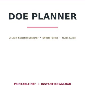 Puede incluir: Una portada de documento blanca con un encabezado magenta que presenta el texto LEADOPSPRESS. El título DOE PLANNER está en letras oscuras grandes, seguido de una línea magenta y el subtítulo 2-Level Factorial Designer • Effects Pareto • Quick Guide. El texto inferior dice PRINTABLE PDF • INSTANT DOWNLOAD.