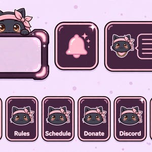 Op de afbeelding: Een digitale overlay-set met een zwarte kat met een roze hoofdband. Bevat een groot rechthoekig kader, een bel-icoon, een chatvenster en zes kleinere rechthoekige knoppen met de labels About, Rules, Schedule, Donate, Discord en Socials.