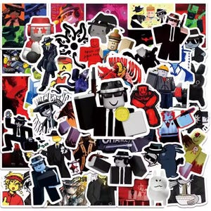 Puede incluir: Una colección de pegatinas de vinilo variadas con diversas ilustraciones de personajes en bloques, incluyendo figuras con trajes, sombreros y gafas de sol, junto a diseños gráficos en rojo, negro y blanco con texto como March 18th.