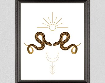Vintage Snake Poster, Sun and Moon Snake Print, Celestial Snake Print, Snake Wall Art, Printable Wall Art, Wall Art Poster, Digital Download
