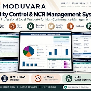 Pode incluir: Um modelo digital de Excel para um sistema de controlo de qualidade e gestão de NCR. A interface apresenta um painel com gráficos circulares e de barras, tabelas de frequência de defeitos e relatórios de não conformidade. Inclui um fluxo de trabalho guiado de 5 passos.