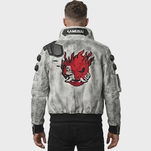 Cyberpunk  Samurai V Leather Jacket Bomber Jacket: LED Collar, Handmade Cosplay Halloween For Fans Futuristic gaming jacket