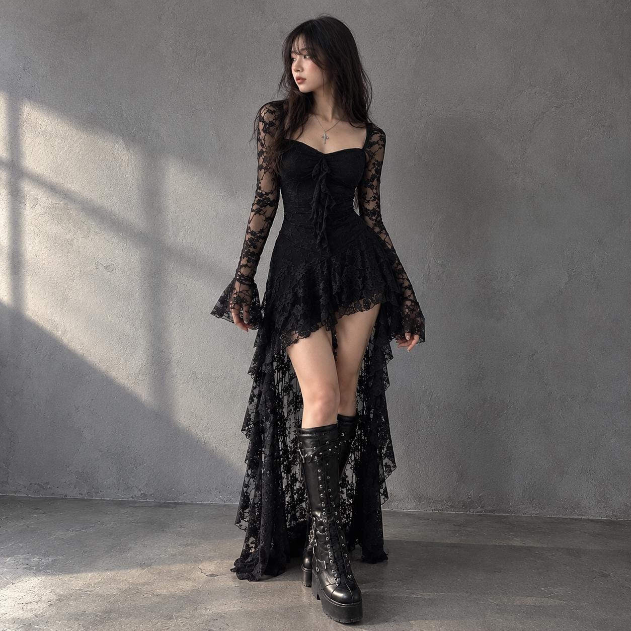 Black Gothic Lace High Low Dress, Long Sleeve Corset Style Mini Maxi Dress, Witchy Fairycore Party Outfit, Dark Romantic Clothing