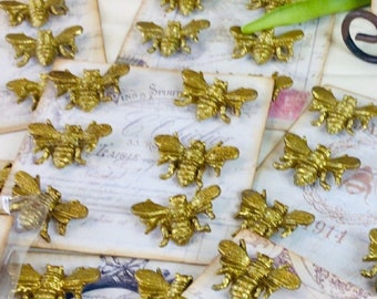 Bumble Bee Magnets on metal square set of six, Brass Gold Color, French vintage ephemera, home office, kitchen, reminder, command center