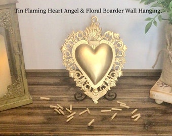 Tin Flaming Heart Angel with Floral Boarder and Angel with Wings, Wall Hanging 9.25 Inches Tall by 7 inches at Widest, Gift For