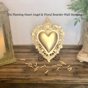 Tin Flaming Heart Angel with Floral Boarder and Angel with Wings, Wall Hanging 9.25 Inches Tall by 7 inches at Widest, Gift For
