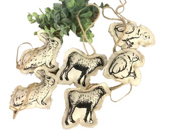 Cotton Canvas Stamped Animal Ornaments (Set of 6) Double Sided, Jute Hanger, Chicken, Sheep, Rabbit