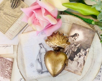 Sacred Milagros Small Heart Prayer Box no. 2, Latin VADE RETRO SATANA, Gold Antique finish, made of metal, has loop for hanging.
