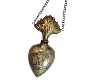 Silver, Sacred Flaming Heart Decanter Style Urn with Chain Silver Antique Finish