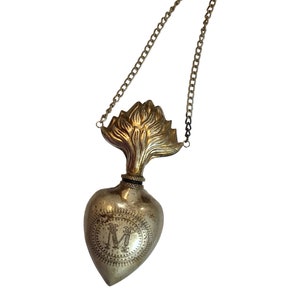 Silver, Sacred Flaming Heart Decanter Style Urn with Chain Silver Antique Finish