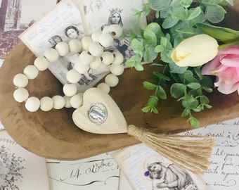 Wood Bead Heart Tassel, Our Lady Lourdes Notre Dame Devotional Medal, Blessing Beads Assemblage, Wedding Gift, Home Decor, Baptism